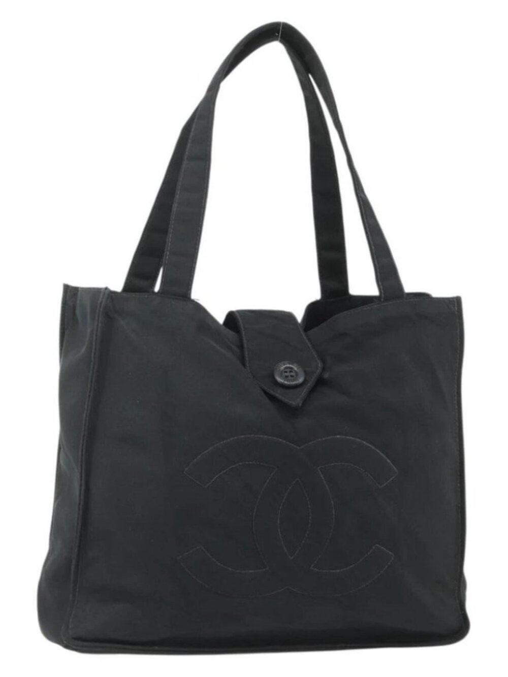 CHANEL Hand Bag Nylon Black Silver CC Auth 175119